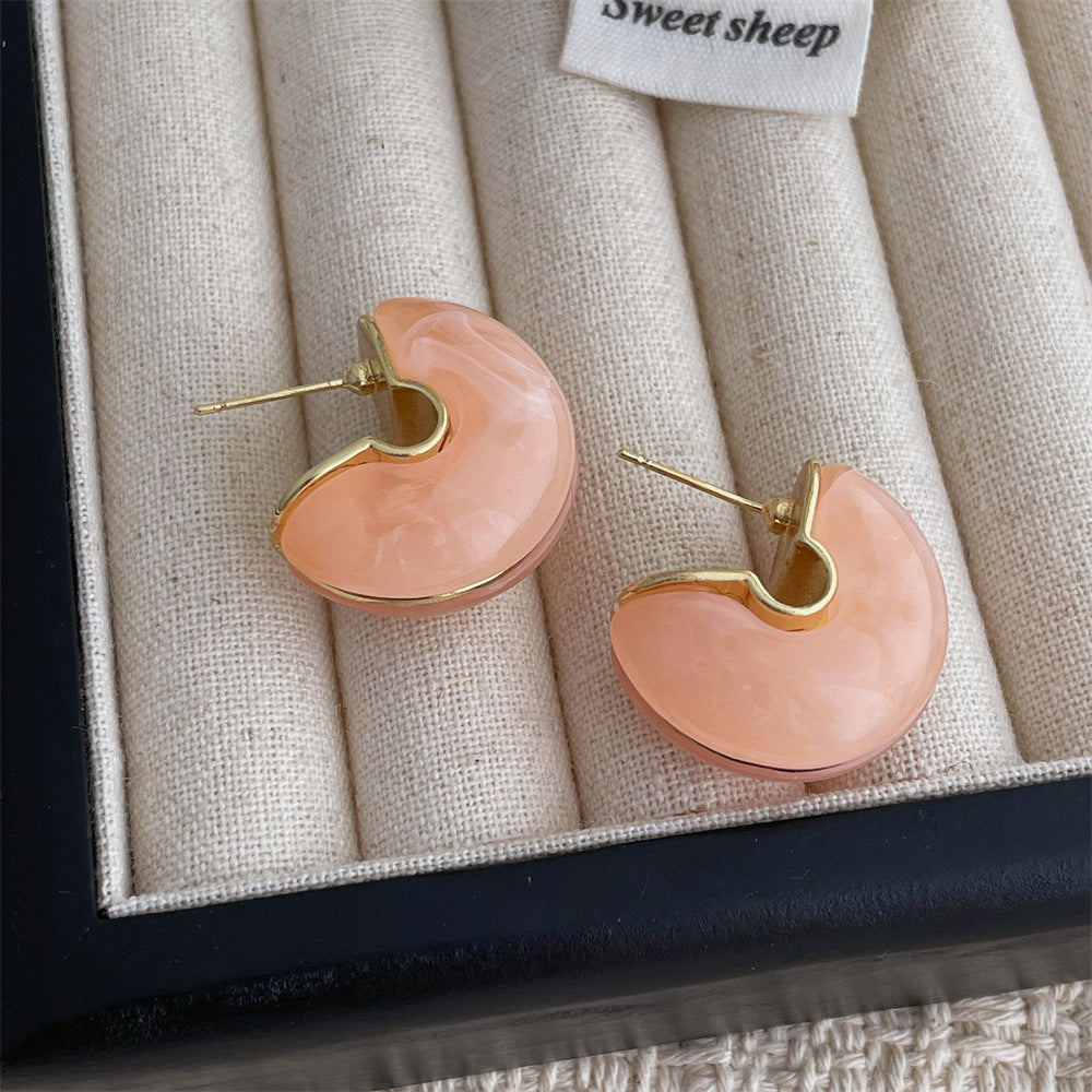 Simple C-Shape Stone Stud Earrings