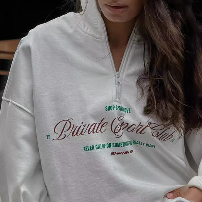 Zipper Letter Print Loose Hoodie