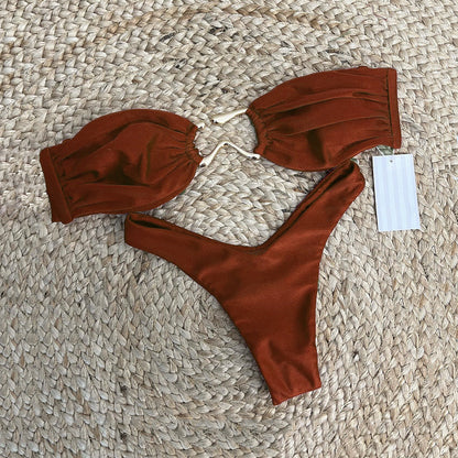 Solid Color Strapless Triangle Bikini Swimwear