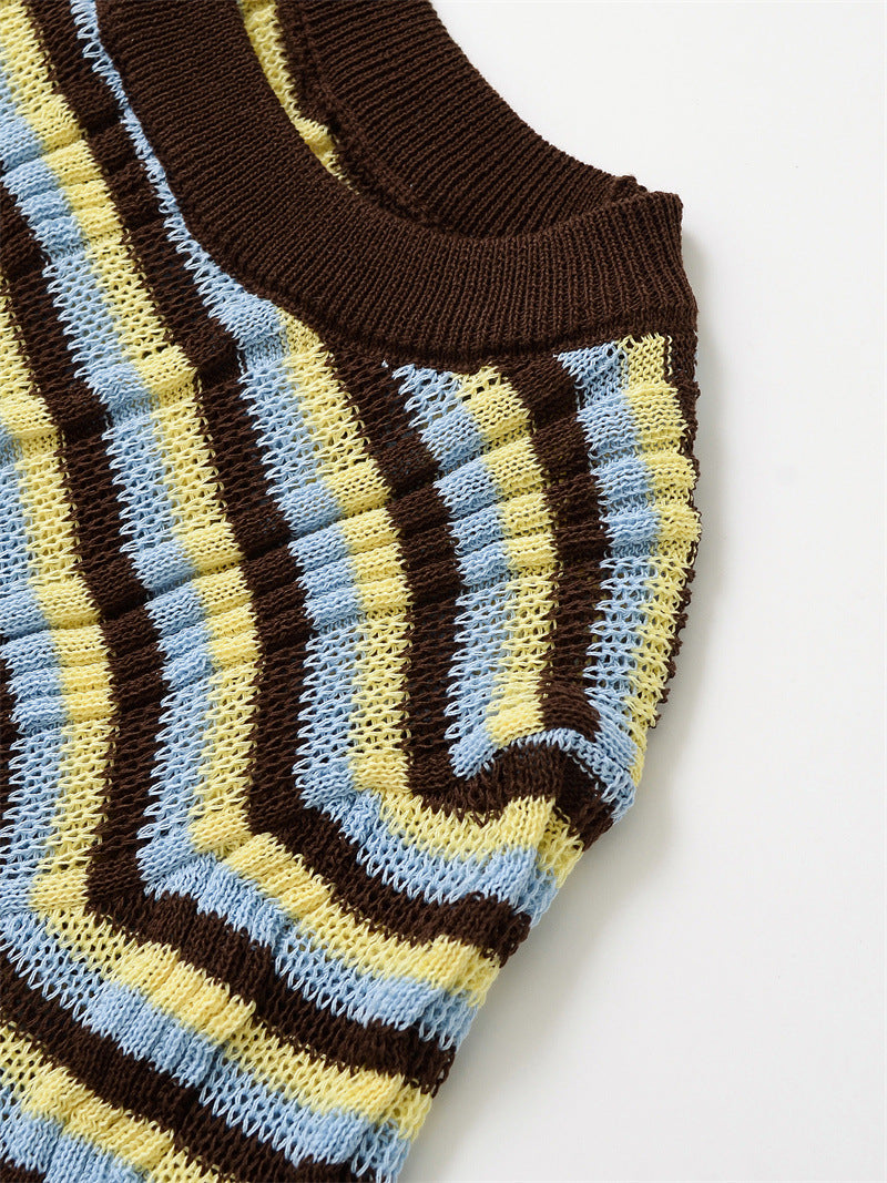 Casual Solid Color Crew Neck Striped Top