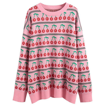 Cherry Print Contrast Color Sweater