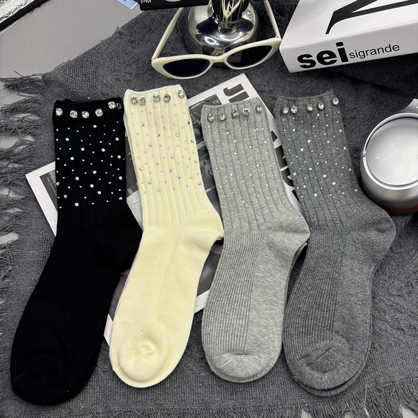 Rhinestone Ribbed Sweet Cotton Socks