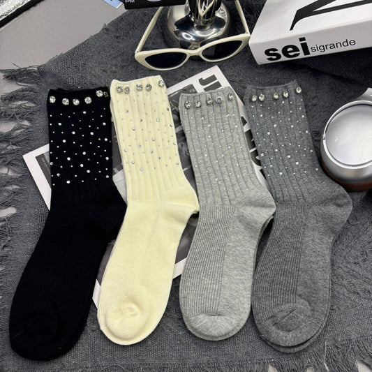 Rhinestone Ribbed Sweet Cotton Socks