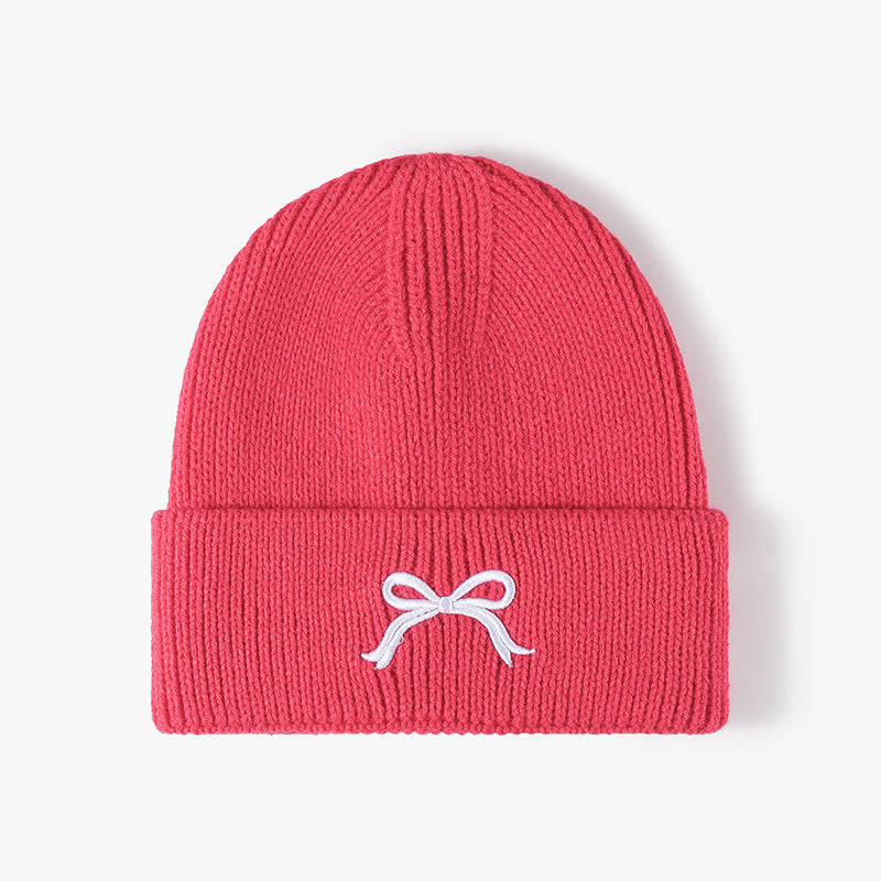 Cute Bow Embroidery Cuffed Thicken Knit Beanie