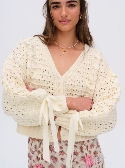 V-Neck String Tie Hollow Out Loose Cardigan