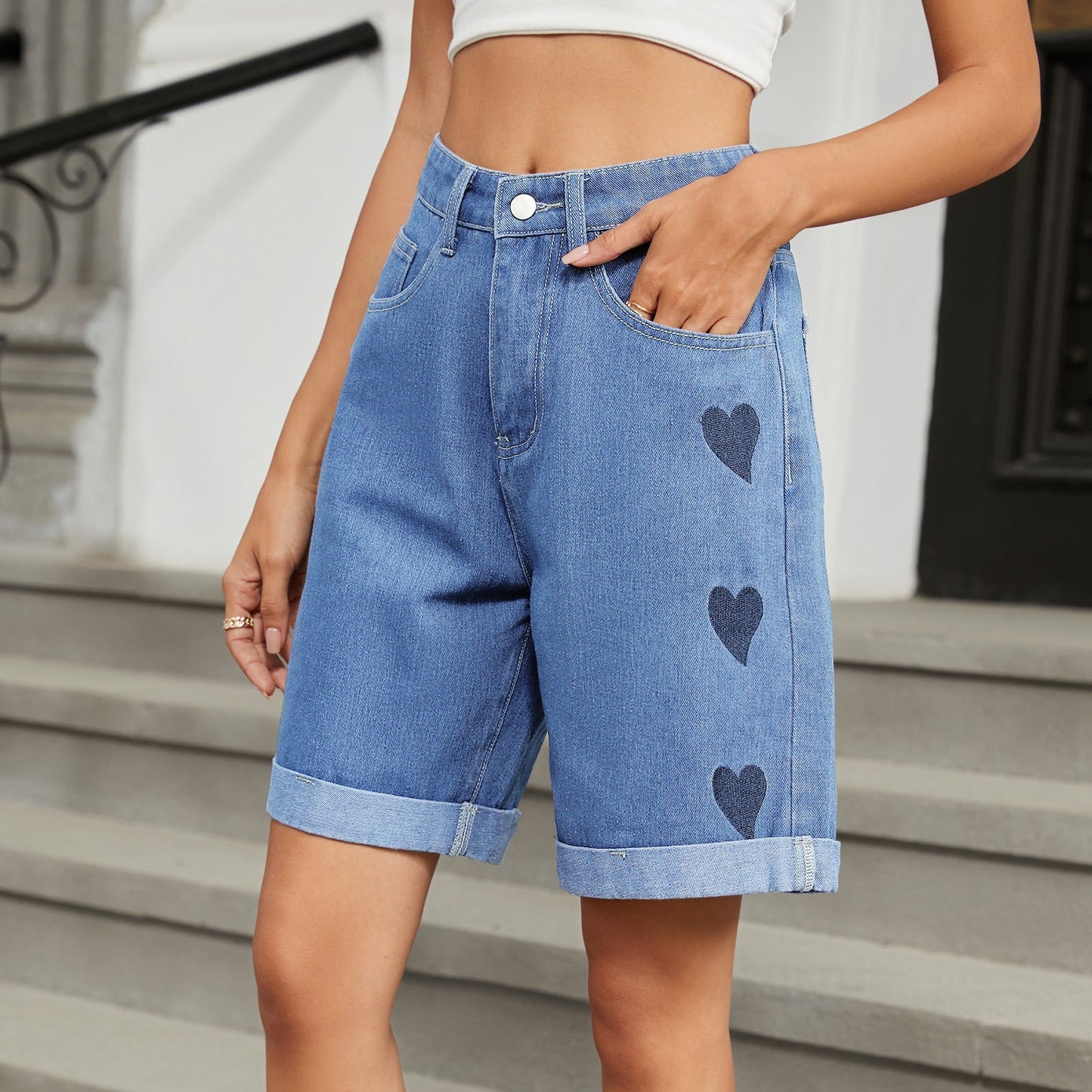 Distressed Folded Denim Bermuda Shorts