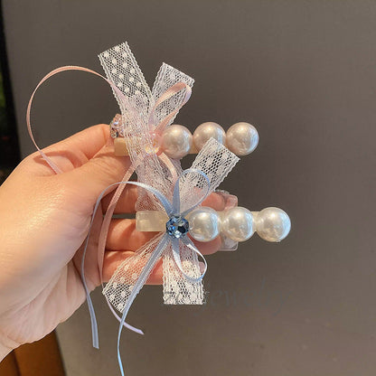 Sweet Lace Bow Ribbon Pearl Hair Clip