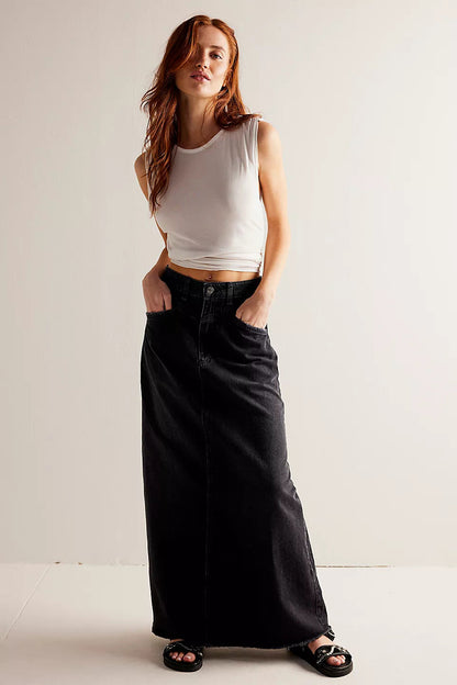 Washed Raw Hem Casual Denim Maxi Skirts