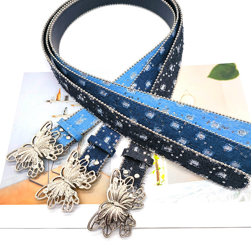 Butterfly Rhinestone Sequin Distressed Belt