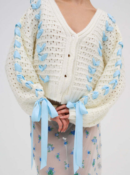 V-Neck String Tie Hollow Out Loose Cardigan