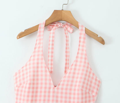 Sexy V-Neck Halter Plaid Maxi Dress