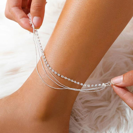 Simple Rhinestone Layered Fine AAnklets
