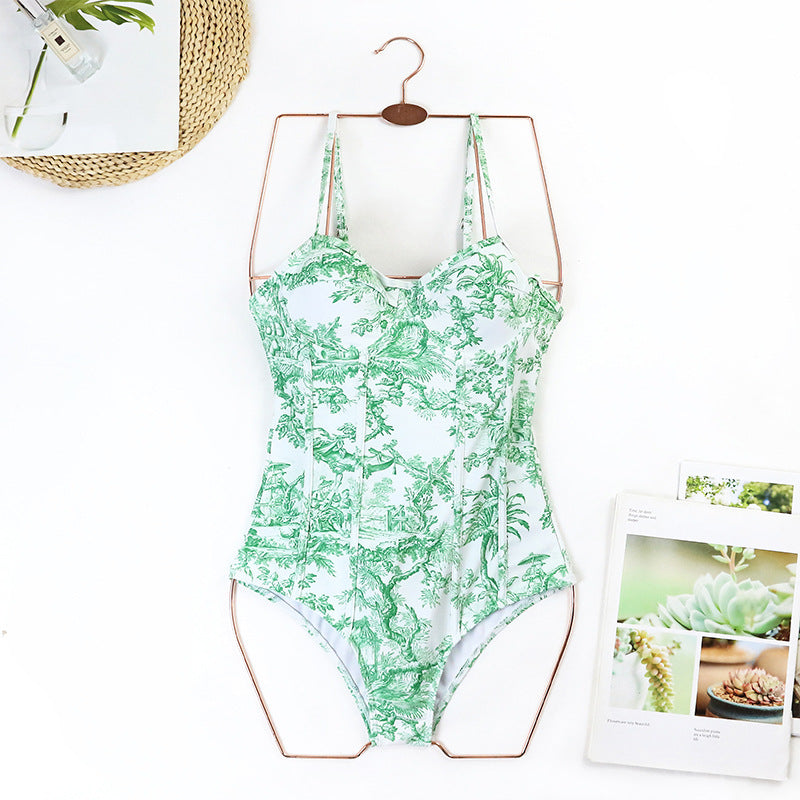 Vintage Print Slim Fit Swimwear with Cover Dress