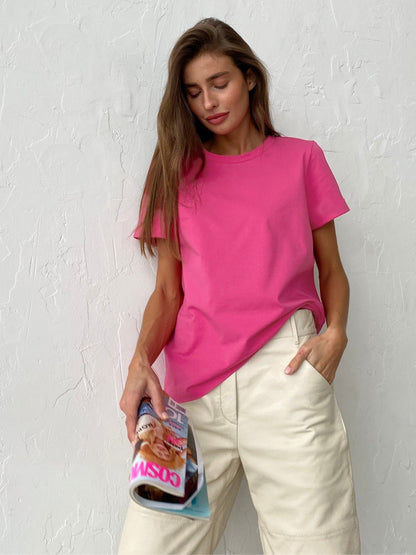 Solid Color Round Neck Loose Short Sleeves Top