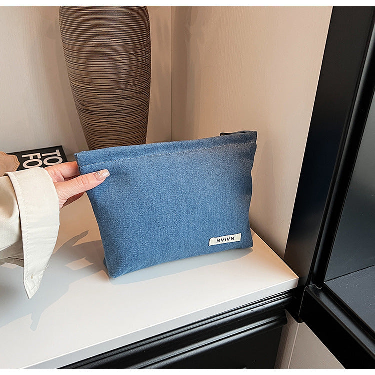 Simple Solid Color Denim Makeup Bag
