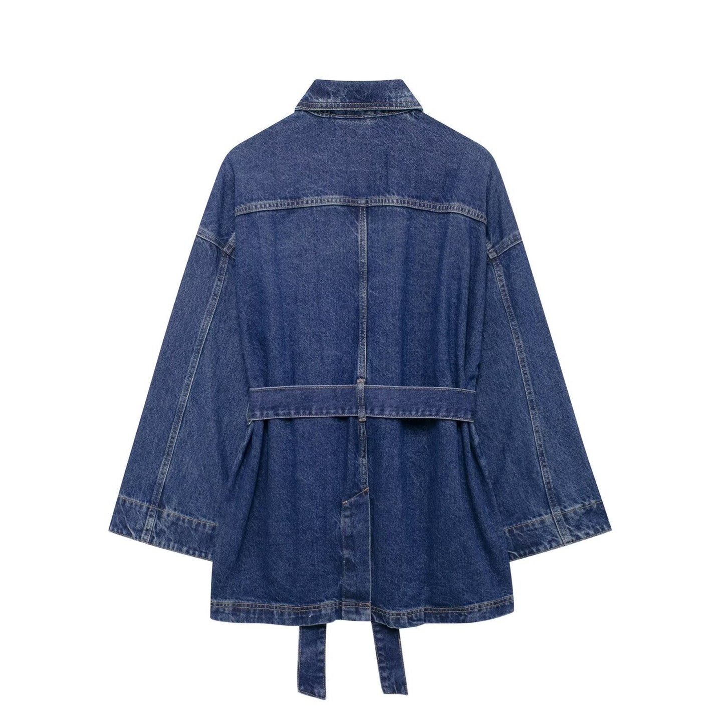 Lapel Collar Tie Waist Casual Denim Jacket