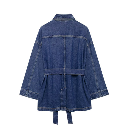 Lapel Collar Tie Waist Casual Denim Jacket