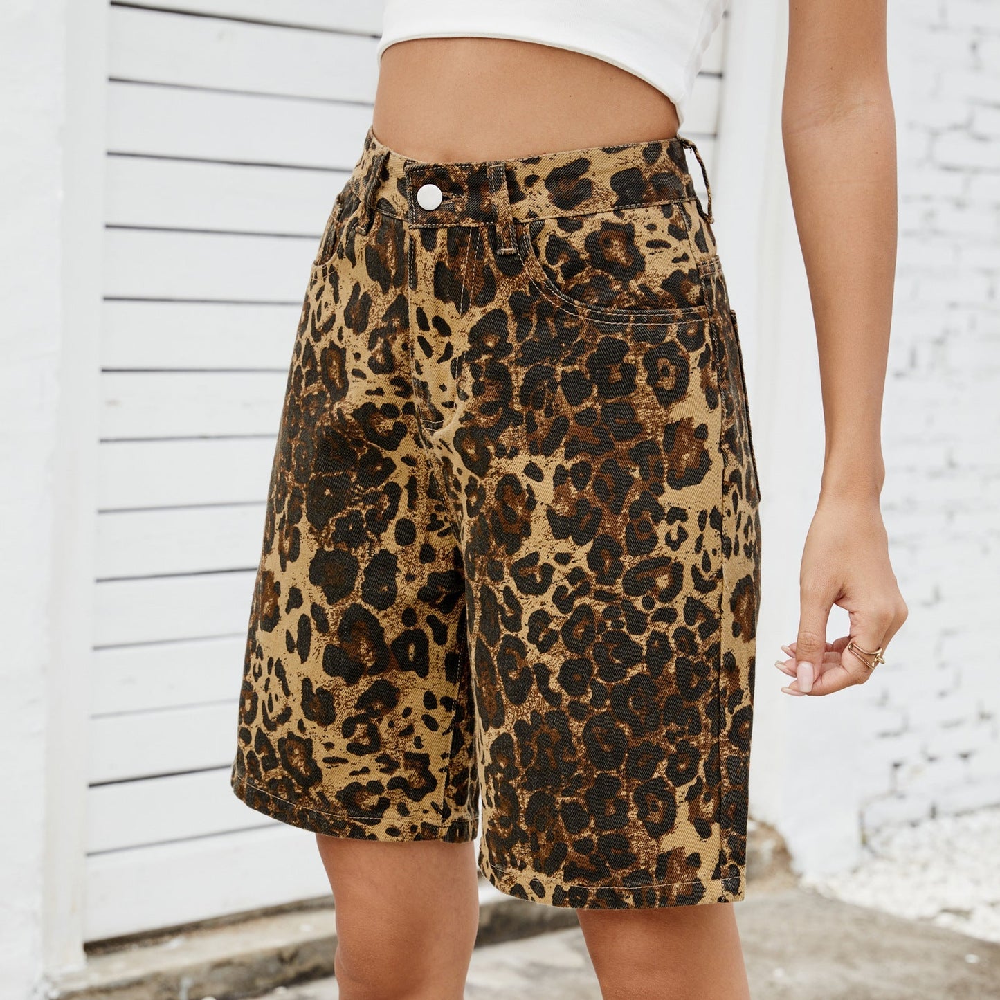 Retro Leopard Print Casual Denim Shorts