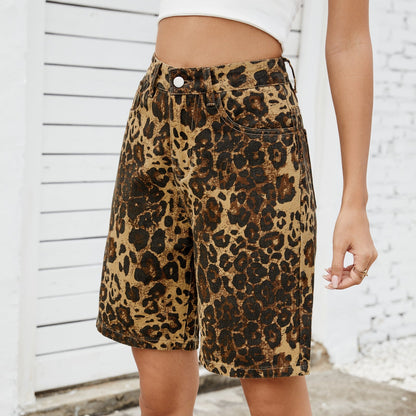 Retro Leopard Print Casual Denim Shorts