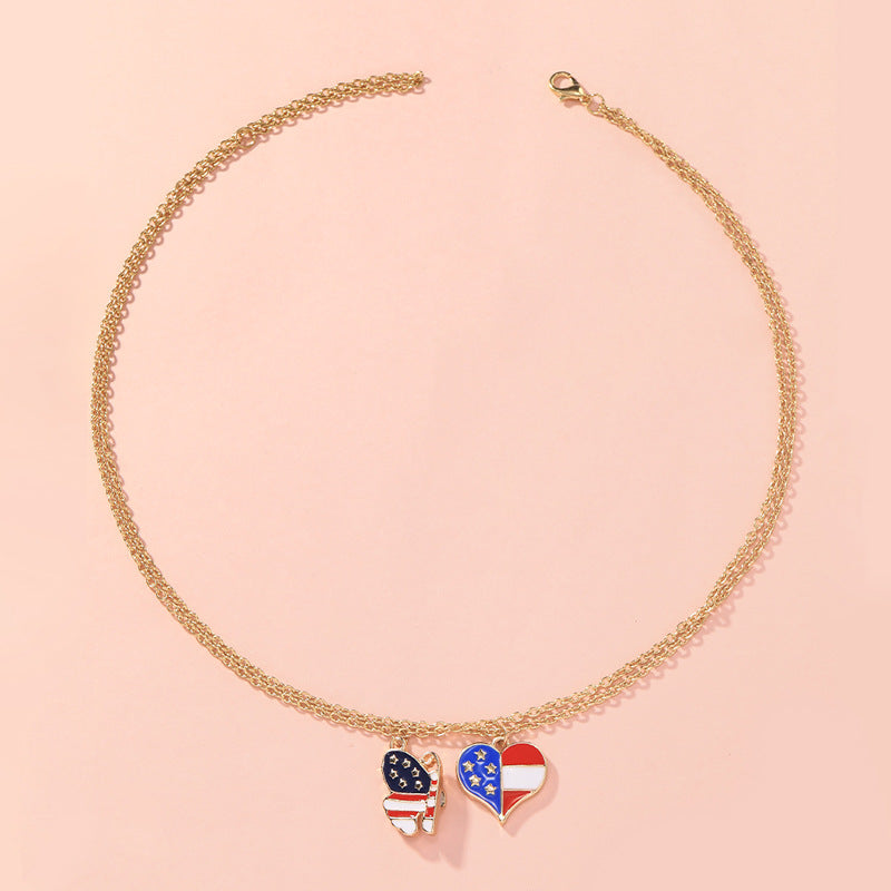 2Pcs USA Flag Heart Necklace Butterfly Necklaces