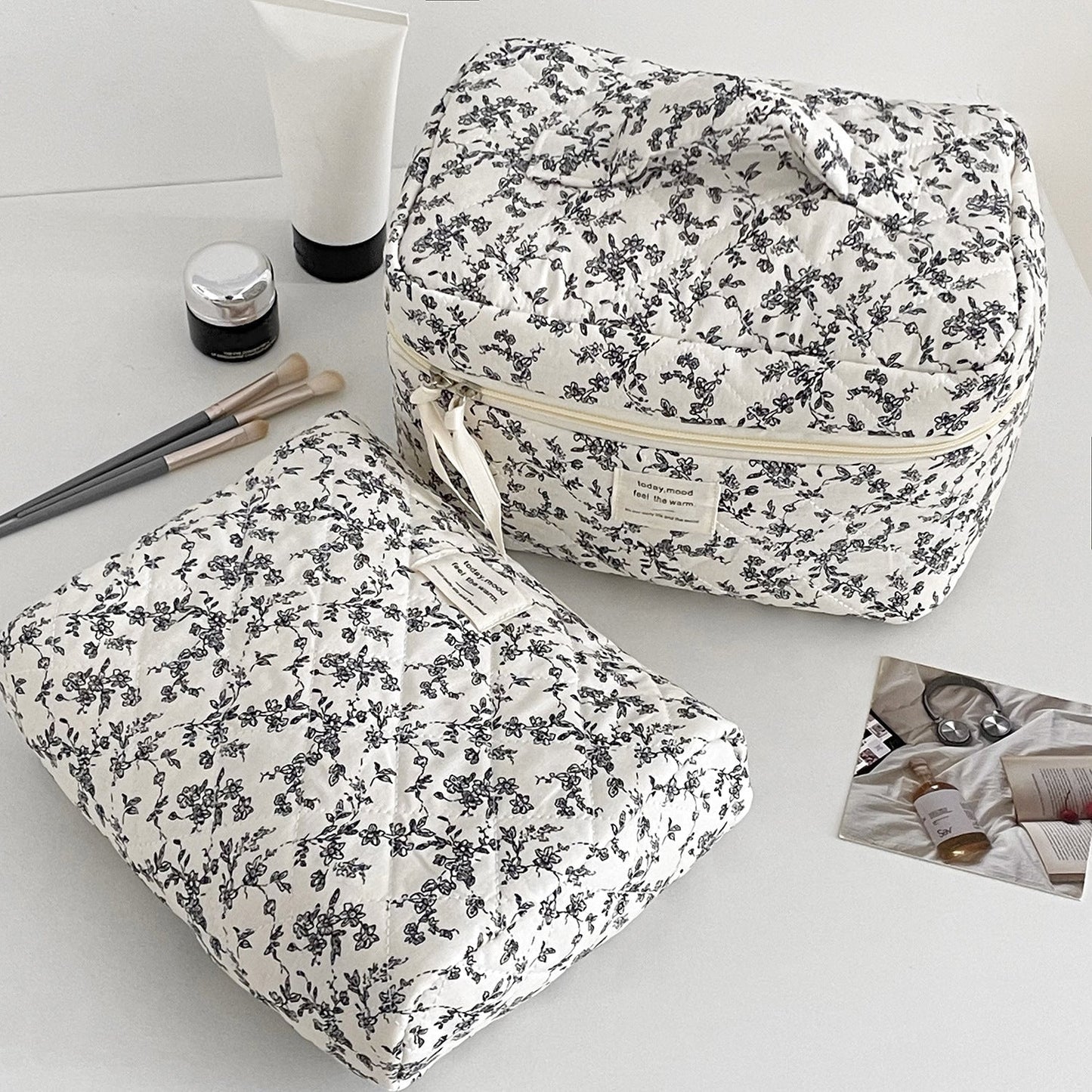Flower Print Color Block Portable'Make Up Bag