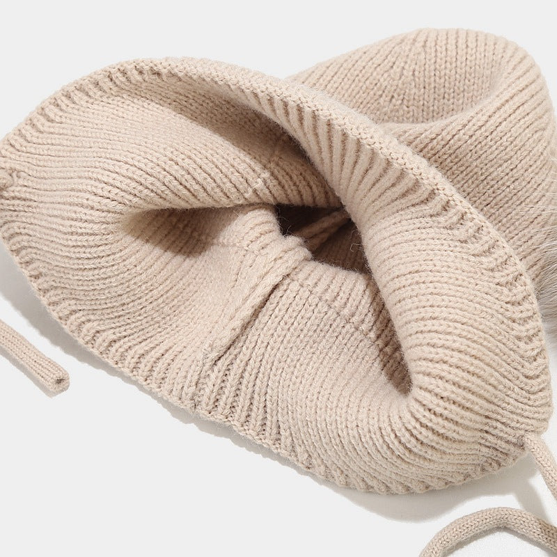 Solid Color String Tie Knit Pom Beanie