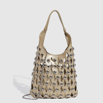 Hollow Out Rivet Chain Shoulder Bucket Bag