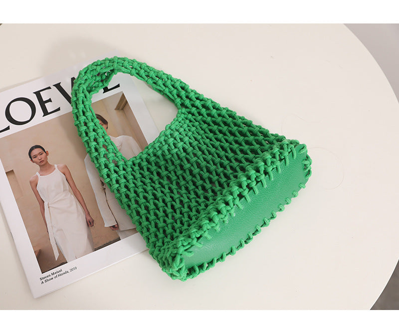 Solid Color Hollow Out Woven Handbag