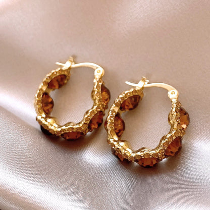Coffee Crystal Circle Elegant Hoop Earrings