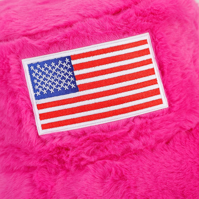 Winter American Flag Fuzzy Warm Bucket Hat