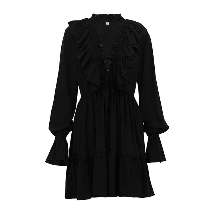 V-Neck Flounce Solid Color Mini Dress