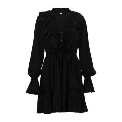 V-Neck Flounce Solid Color Mini Dress
