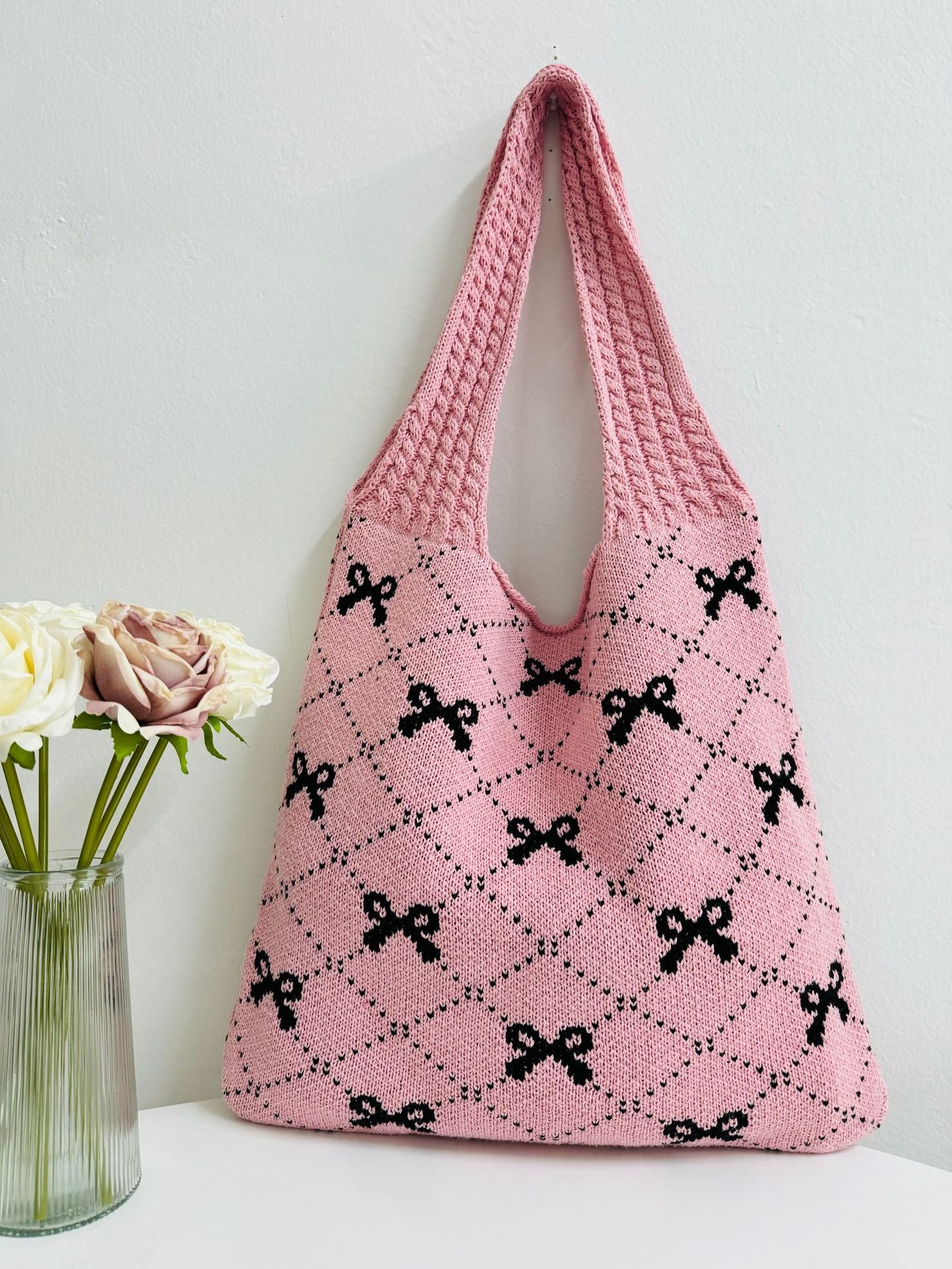 Bows Print Large Capacity Knit Shoulder Bag