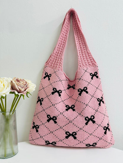 Bows Print Large Capacity Knit Shoulder Bag