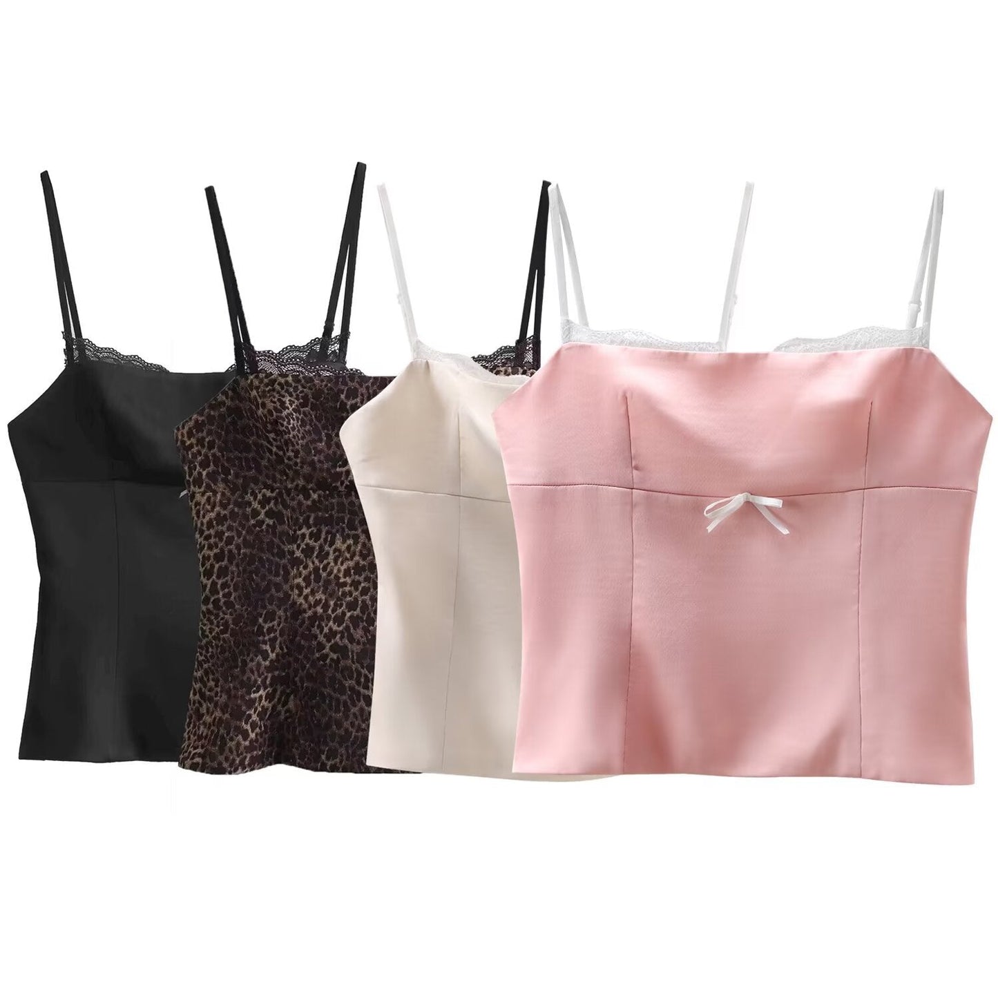 Elegant Satin Spaghetti Strap Lace Trim Top