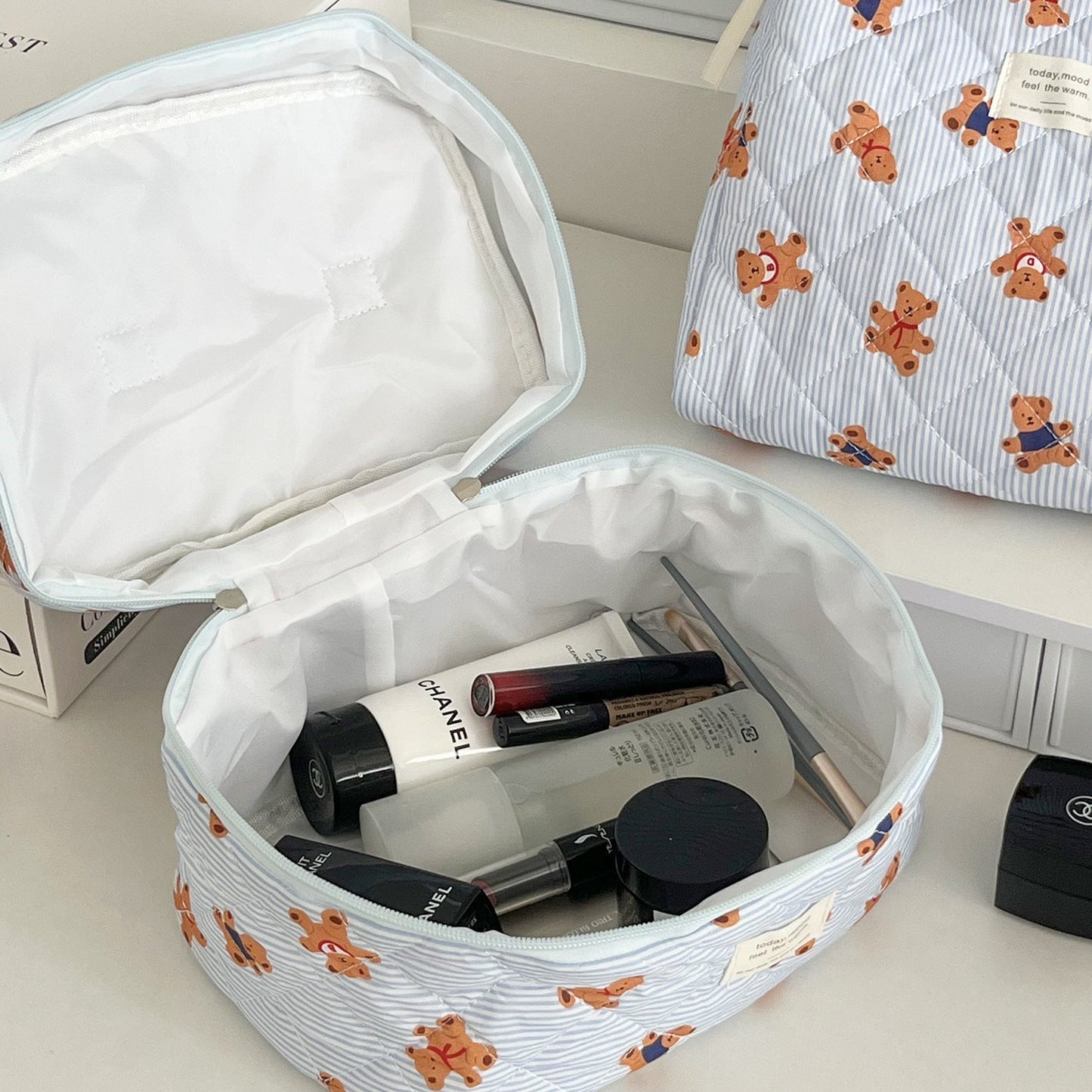 Cute Bear Print Striped Make Up Bag