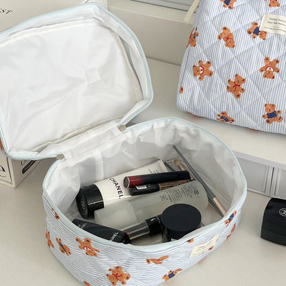 Cute Bear Print Striped Make Up Bag