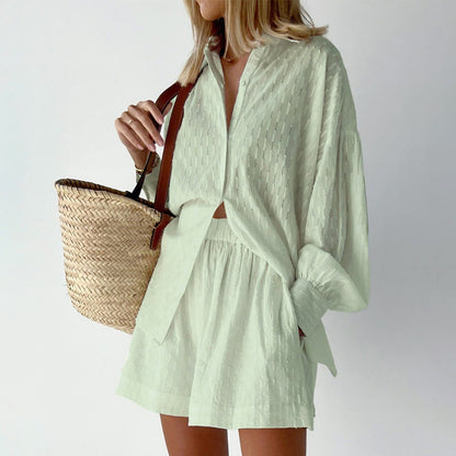 Jacquard Puff Sleeve Shirt Short Set