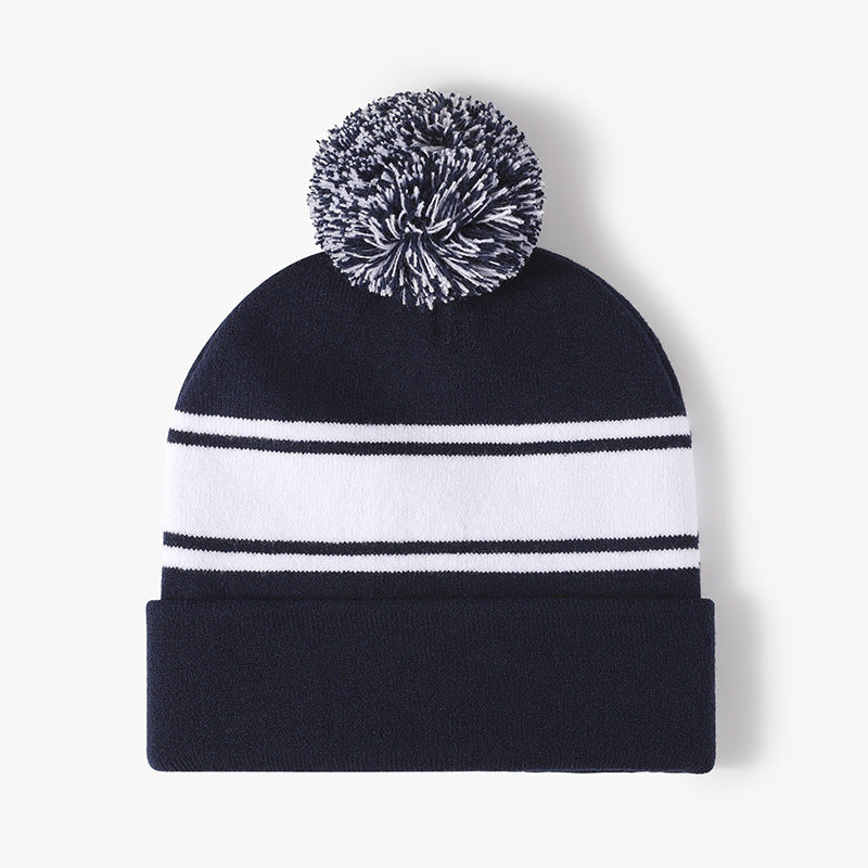 Stripe Contrast Color Stretch Pom Beanie