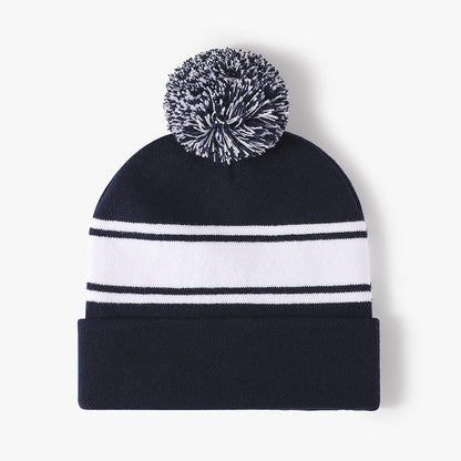 Soft Cuff Pom Pom Stripe Knit Beanie Hat
