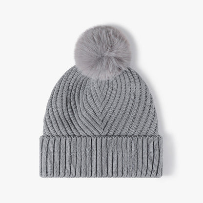 Solid Color Ribbed Knit Pom Beanie