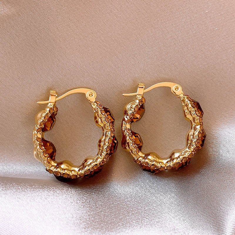 Coffee Crystal Circle Elegant Hoop Earrings