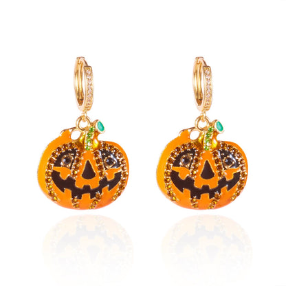 Halloween Enamel Pumpkin Rhinestone Hoop Earrings