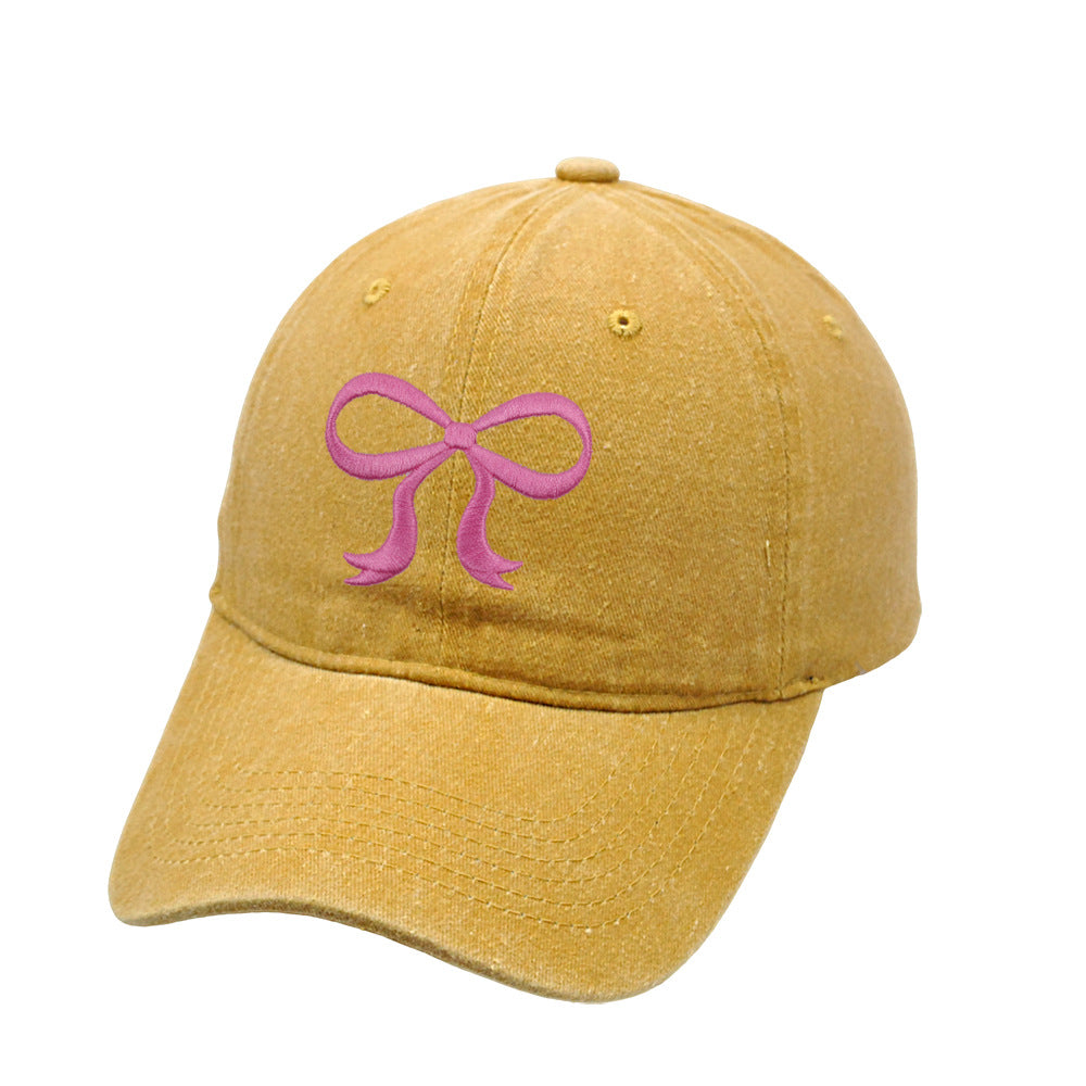 Washed Solid Color Bow Embroider Baseball Caps
