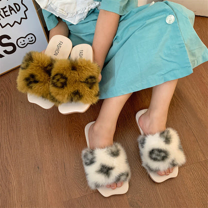 Fuzzy Faux Fur Leopard Print Slippers