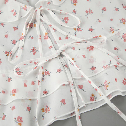 Flounce Print V-Neck Sexy String Tie Top