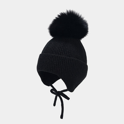 Solid Color String Tie Knit Pom Beanie