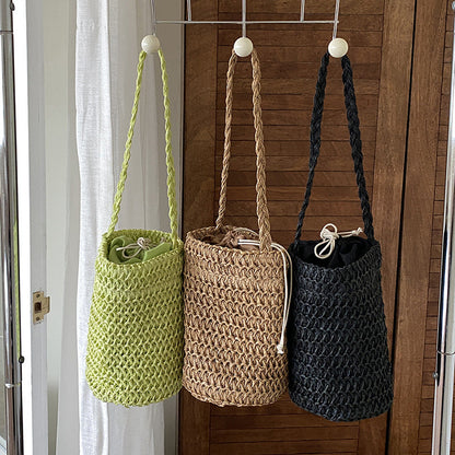 Solid Color Braided Bucket Shoulder Bag