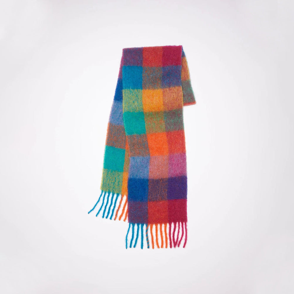 Cozy Color Block Plaid Fringed Knit Scarf