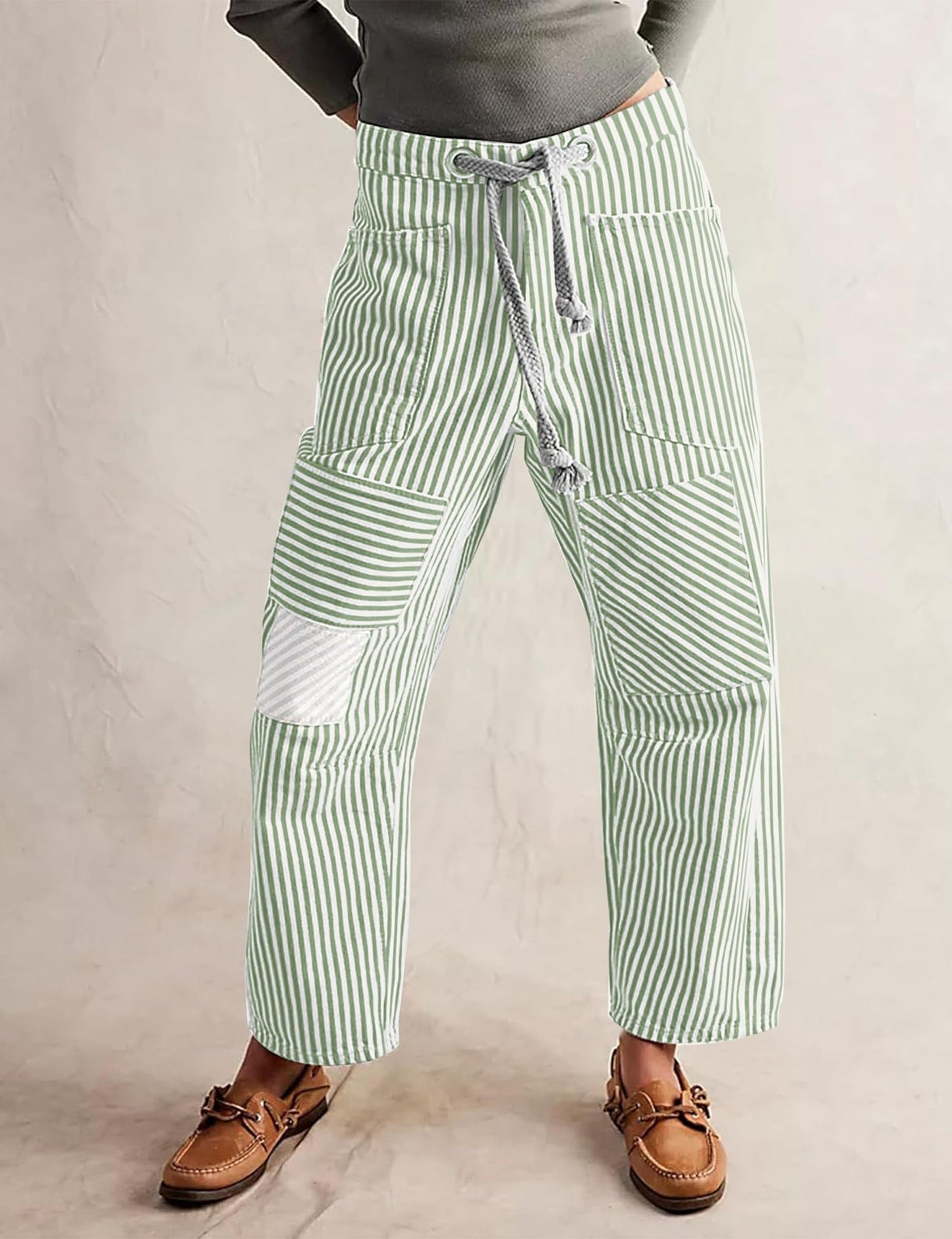 Casual Splice Striped Drawstring Wide Leg Pants